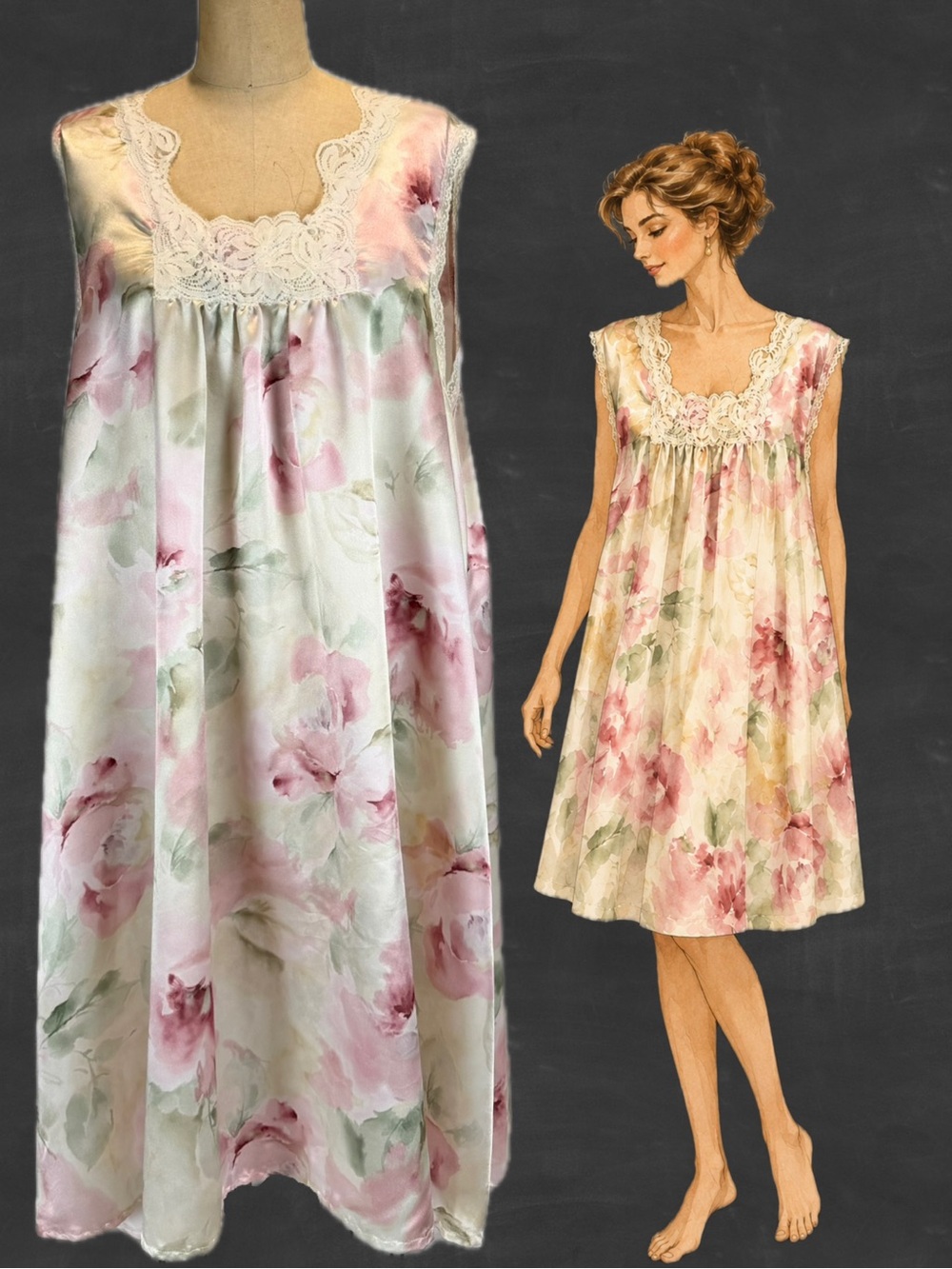 VINTAGE pastel floral silky nightgown slip dress midi lace plus size cottagecore